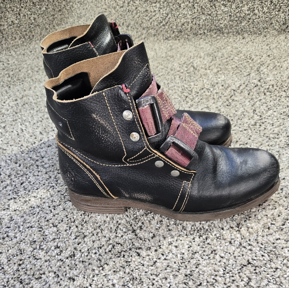 Fly London Black and Burgundy Combat Boots - Picture 3 of 16